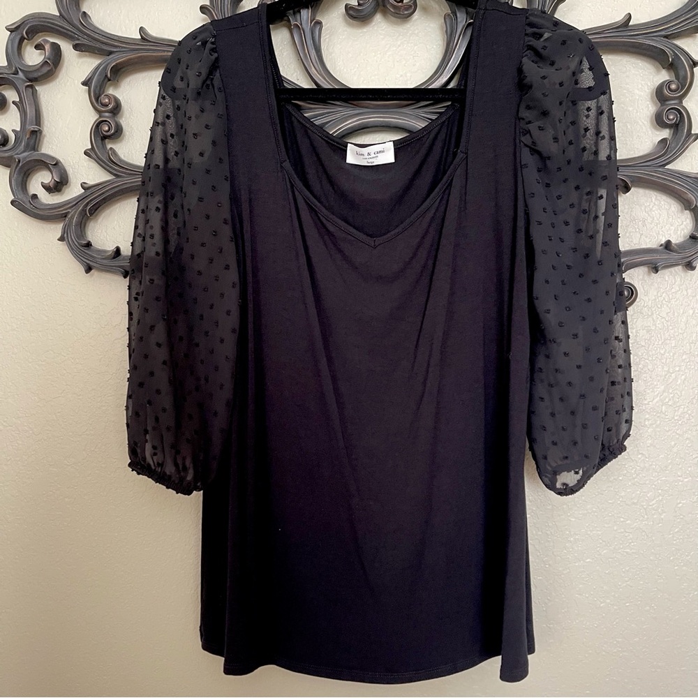 Kim & Cami Top Sweetheart Neckline Sheer 3/4 Length Puff Sleeves Size Large - Picture 2 of 15